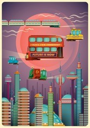illustration of a futuristic city scene with buildings, skyscrapers, towers, various levitating vehicles and sky. vector illustration.