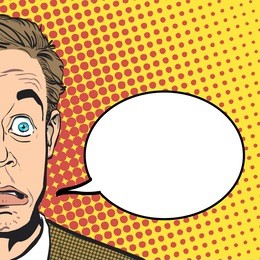 portrait of surprised man. surprised businessman. surprised man. concept idea of advertisement and promo. pop art retro style illustration. people in retro style. halftone background.  question what.