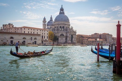 grand canal and basilica santa maria della salute, venice, italy and sunny day