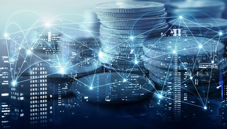 double exposure of city , network or connection and rows of coins for finance and business concept