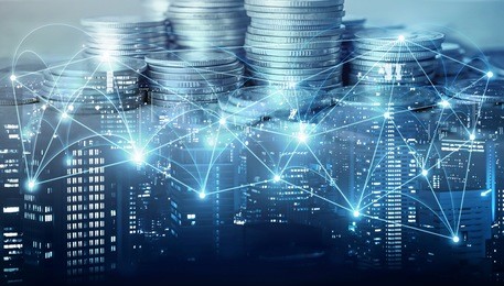 double exposure of city , network or connection and rows of coins for finance and business concept