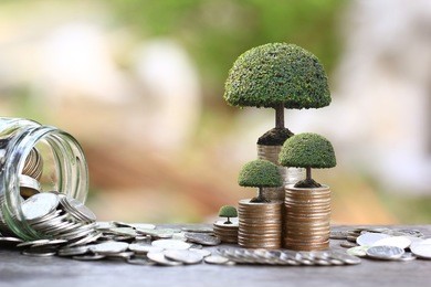 trees growing on coins money and glass bottle on green background, investment and business concept