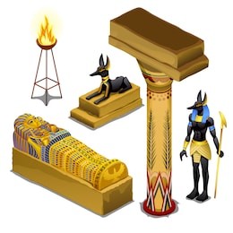 set of attributes and symbols of the theme of ancient egypt isolated on white background. golden figurine in the shape of the sarcophagus of pharaoh, sacred animals, fire torch. vector illustration.