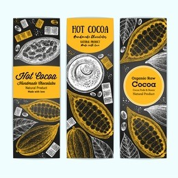 banner set for cocoa shop. vertical banner collection with cocoa products. vintage vector illustration