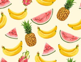beautiful hand drawn pattern with bananas, watermelon, pineapples. seamless vector floral pattern, summer background.