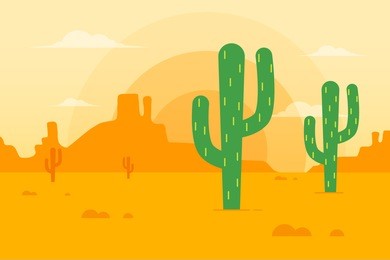 desert landscape with cactus and mountains in the background. flat design style.