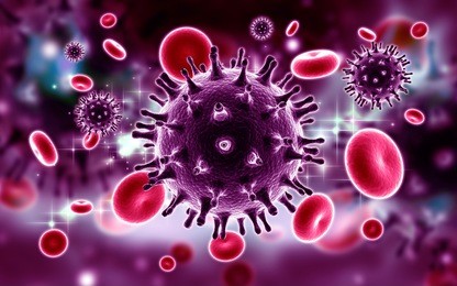 3d rendered hiv virus in blood stream in color background