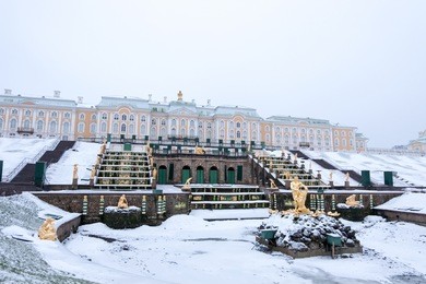 the grand cascade fountain at peterhof palace, st. petersburg. russia. in winter
