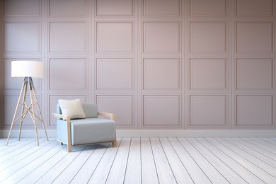 minimalist  interior design,blue armchair with white lamp on pink frame wall and white wood flooring , 3d render 