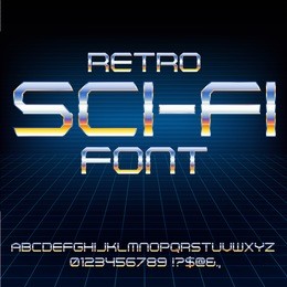 retro future military cyber sci-fi movies style chrome typeface in 80s retro futurism style. vector special fx font