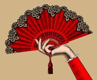 female hand with red open fan. vintage color engraving stylized drawing. vector illustration