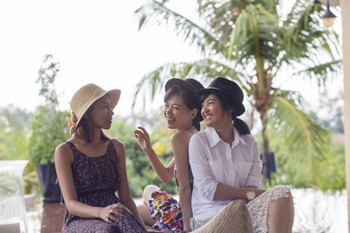 asian woman friend happiness emotion relaxing talking 