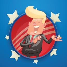 vector round red frame with cartoon image of a funny politician with blond hair in a black suit, standing and laughing on a blue background with white stars. politics, business.