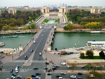 view of the bridge of jena(pont d'iena}, trocadero park (jardins dutrocadero}, chaillot palace, la defense in paris 