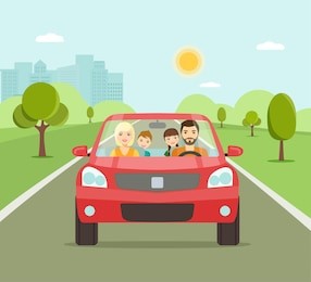 funny family driving in red car on weekend holiday. vector flat illustration