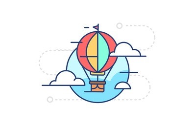 icon flying in the sky balloon with clouds on white background in flat style with contour