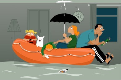 family sitting in an inflatable boat in a flooded living room of their house, ceiling is leaking, eps 8 vector illustration