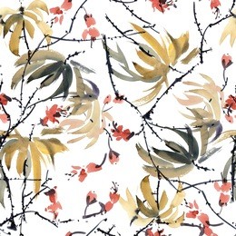 watercolor and ink illustration of blossom tree. sumi-e, u-sin painting. seamless pattern.
