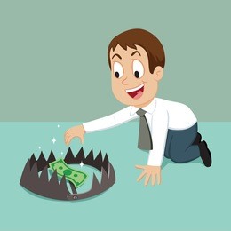 businessman try to pick up money in the trap, vector illustration cartoon