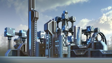 3d illustration of futuristic architecture with a conical glass amphitheater structure, for fantasy or science fiction backgrounds, isolated on white with the clipping path included in the file. 