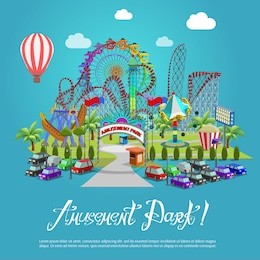amusement park concept with flat fairground elements on background. vector illustration.