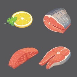 flat salmon steak and lemon. fresh organic seafood. vector illustration.