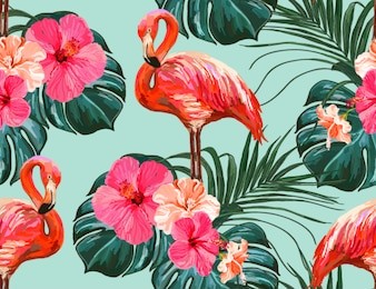 beautiful seamless vector floral summer pattern background with tropical palm leaves, flamingo, hibiscus. perfect for wallpapers, web page backgrounds, surface textures, textile.