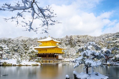 the golden pavilion (kinkakuji) with snow in winter season.