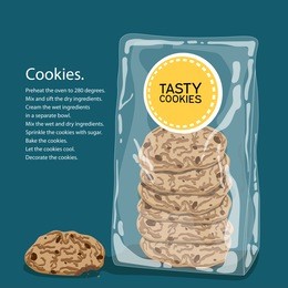 vector illustration in cartoon style. bite to cook chocolate chip cookies. packaged. scattered crumbs. using the elements in the design of greeting cards, flyers, design pages and more.