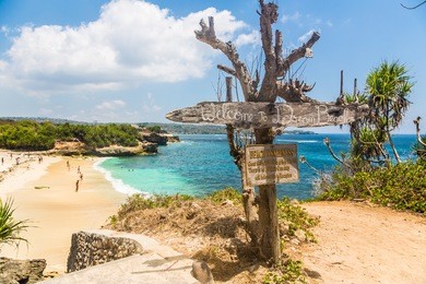 dream beach in nusa lembongan island, right of the coast of bali in indonesia. the island is much less developed than bali.