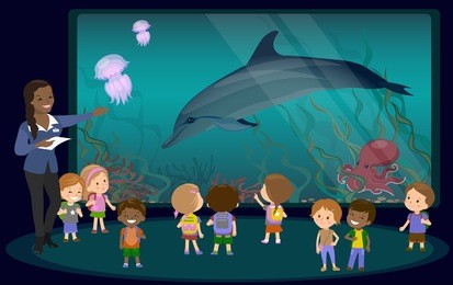group of kids oceanaruim aquarium excursion teacher. school or kindergarten students filed trip. flat style vector illustration underwater and marine animals dolphin jellyfish octopus coral algae.