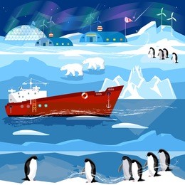 travel to antarctic and arctic. ice breaker, penguins, polar lights. animals of antarctica. scientific base on north pole