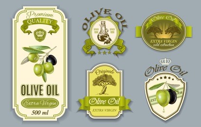 vector vintage style olive oil labels set. elegant design for olive oil packaging. only free fonts used. font names included in the layers