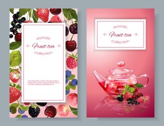 vector fruit tea banners with transparent teapot and berries. design for red and fruit tea, drink menu and health care products. with place for text.