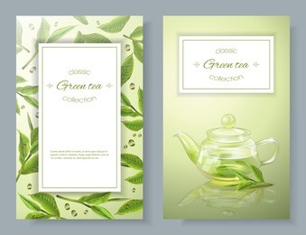 vector banners with transparent teapot and green tea leaves. design for packaging, drink menu, aromatherapy and tea products. with place for text.