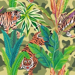 seamless composition of the wild predatory animals tiger in the tropical jungle. vector illustration of a print pattern wallpaper military khaki background
