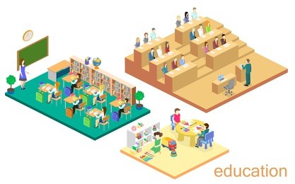 isometric flat 3d isolated concept interior kindergarten, school, university auditorium. education system. children growing up