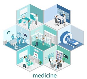 isometric flat interior of hospital room, pharmacy, doctor's office, waiting room, reception,  operating. doctors treating the patient. flat 3d illustration
