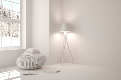 white room with modern furniture and winter landscape in window. scandinavian interior design. 3d illustration