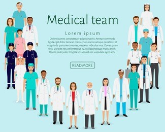 medical team. group doctors, nurses, paramedics standing together. medicine web banner. hospital staff. flat style vector illustration.
