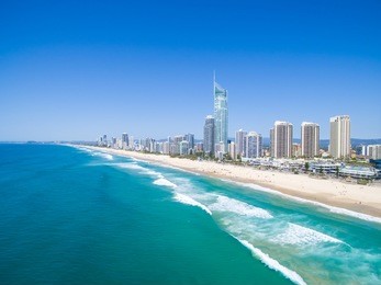 an aerial view of the surfers paradise skyline on a clear day in queensland, australia