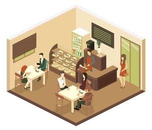 isometric interior of sweet-shop. people sit at the table and eating. flat 3d illustration