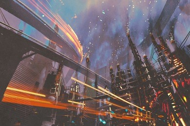sci-fi scenery of futuristic city with industrial buildings,illustration painting