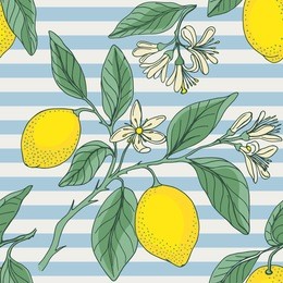lemon with nautical striped. seamless pattern. floral background with citrus plants. vector illustration.