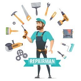 repair elements round template with construction tools instruments and foreman in centre isolated vector illustration