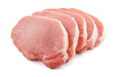 meat, pork, slices pork loin on a white background