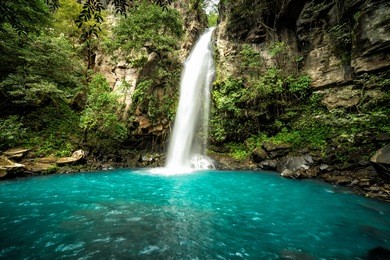 majestic waterfall in the rainforest jungle of costa rica.  la cangreja waterfall in rincon de la vieja national park, guanacaste
