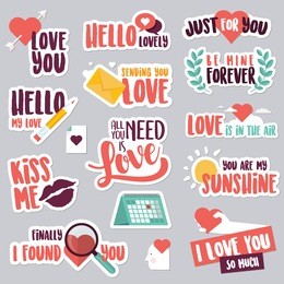 valentine day stickers and elements. love vector illustrations for social network, web design, mobile messages, social media, online communication, cards and printed material. 