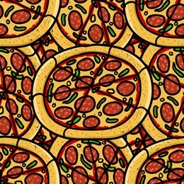 trendy pizza pattern with hand drawn pizza. cute vector colorful pizza pattern. seamless pizza pattern for fabric, wallpapers, wrapping paper, cards and web backgrounds.