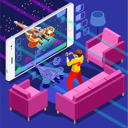 video game screen & gamer person playing online console controller on android phone computer. 3d isometric people game icon set. creative background design development vector wallpaper illustration